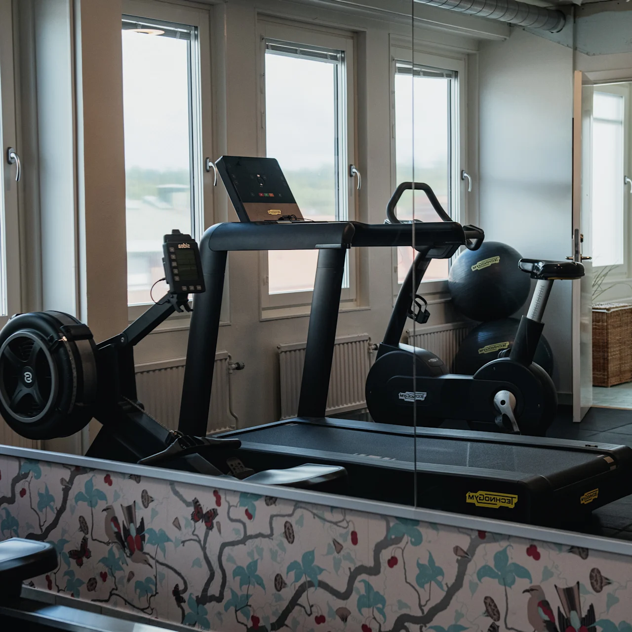 A treadmill and exercise bike stand idle in a fitness room, surrounded by large windows and mirrored walls. Floral wallpaper adds color to the otherwise minimalist design.