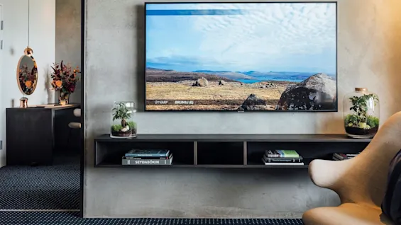Et fjernsyn, der viser et bjerglandskab, hænger på en betonvæg over en hylde med planter og bøger, inklusive "SEYÐABÓKIN." Tilstødende rum har et spejl og blomsterarrangement.
