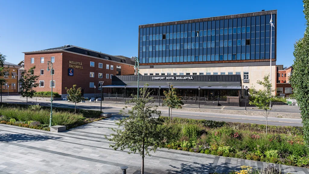 Modern hotel building in bright sunshine with a lush green park and paved walkway under a clear blue sky