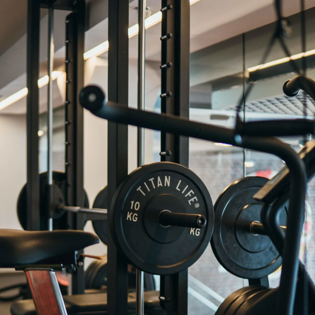 Weight plates labeled "TITAN LIFE 10 KG" rest on a barbell rack in a gym setting, surrounded by exercise equipment and warm lighting.