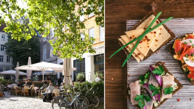 Outdoor cafe and sandwiches in Copenhagen, Denmark