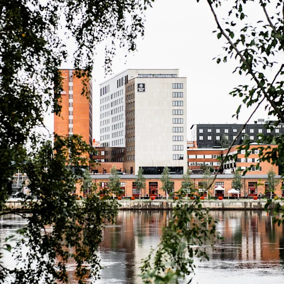 Höga byggnader står på andra sidan en flod, sedda genom löviga trädgrenar, vilket skapar ett inramat stadslandskap.
