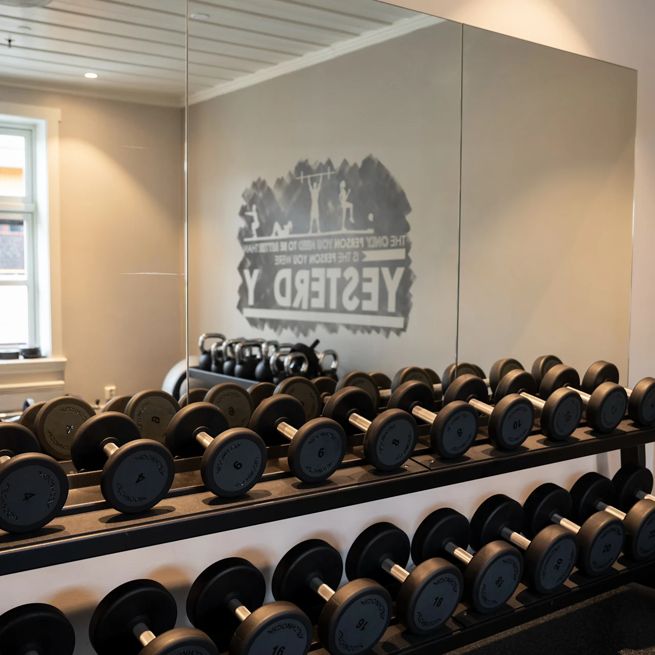 Hantlar ligger på ett ställ i ett väl upplyst gymrum med en spegelvägg som reflekterar utrustning. Text på spegeln: "YES I DEEP REDRM THE EKOOR" (baklänges).