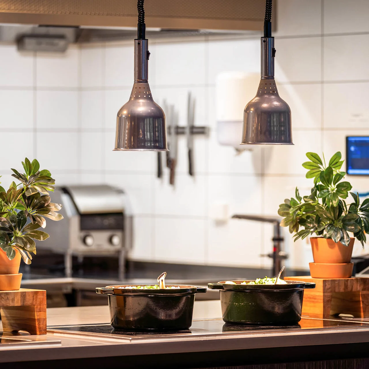 Potted plants sit on a counter between cooking pots under metallic lamps in a modern kitchen with tiled walls and hanging utensils.