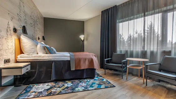 Moderni hotellihuone, jossa on sijattu sänky, värikäs matto ja kaksi nojatuolia ikkunan ääressä.