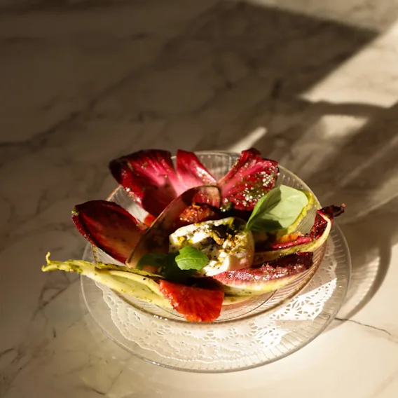 A bowl holds a salad with red lettuce, orange slices, and burrata topped with herbs, placed on a doily-lined plate on a marble table in sunlight.