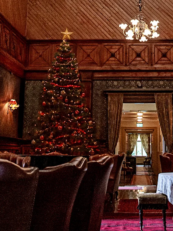 Et dekorert juletre med en stjerne på toppen står i et lunt belyst rom med trepaneler og luksuriøse sitteplasser, med en stor lysekrone, som leder til en gang med vintage dekor.