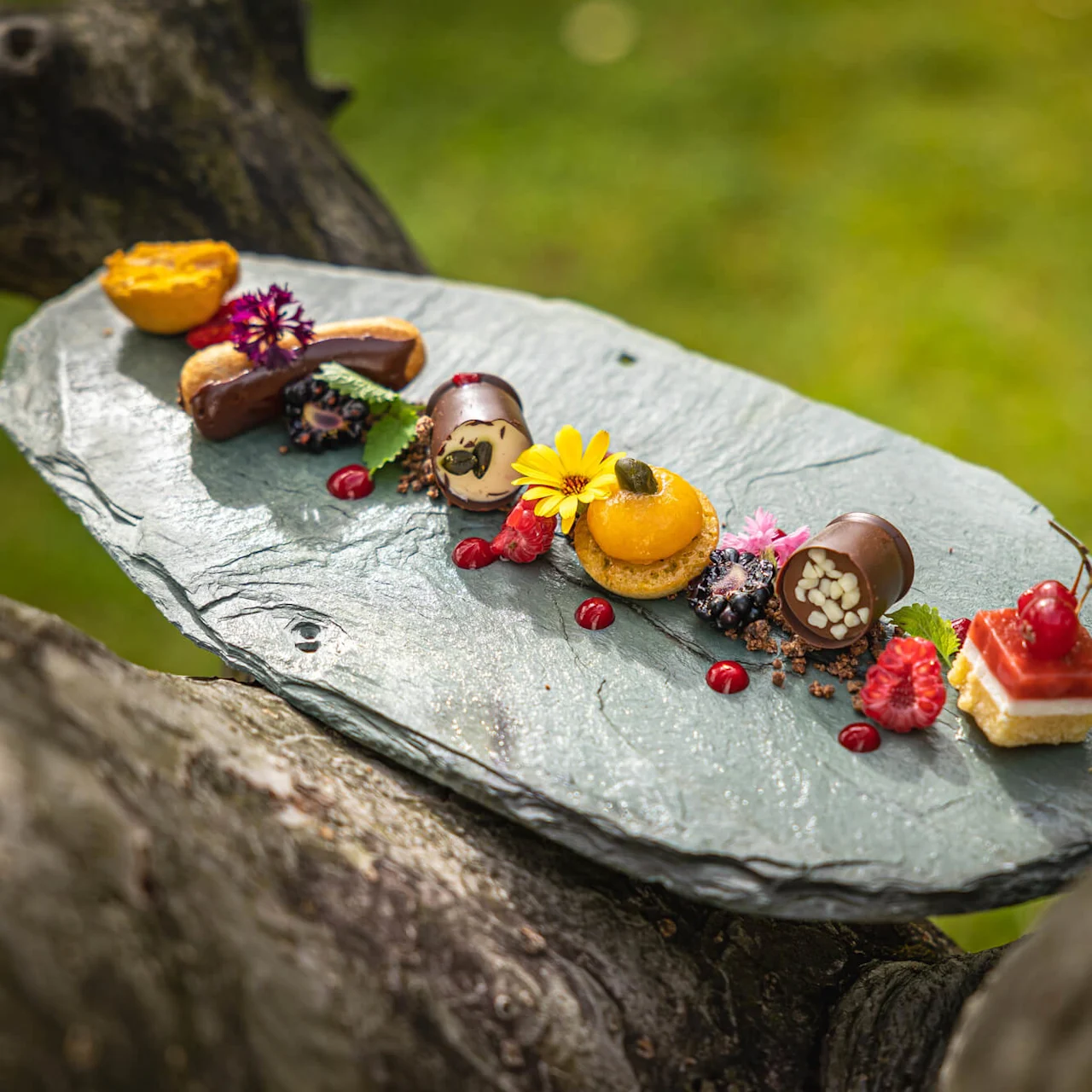 En dekorativ tallerken har elegante desserter, inkludert fargerike frukttærter og sjokoladebiter, vist på en steinplate blant tregrener i en frodig hageomgivelse.