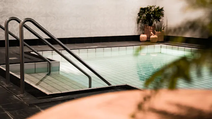 Rustfritt stålhåndtak rammer inn et rolig innendørs svømmebasseng. Potteplanter pynter det flislagte området og skaper en fredelig og innbydende spa-lignende atmosfære.