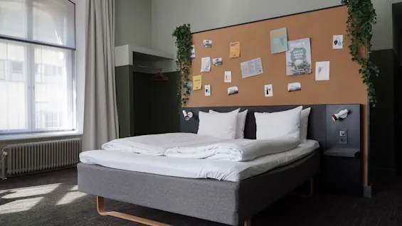 A neatly made bed with white linens is in a room featuring a corkboard headboard displaying various notes and photos, flanked by hanging plants. Light filters through a large window.