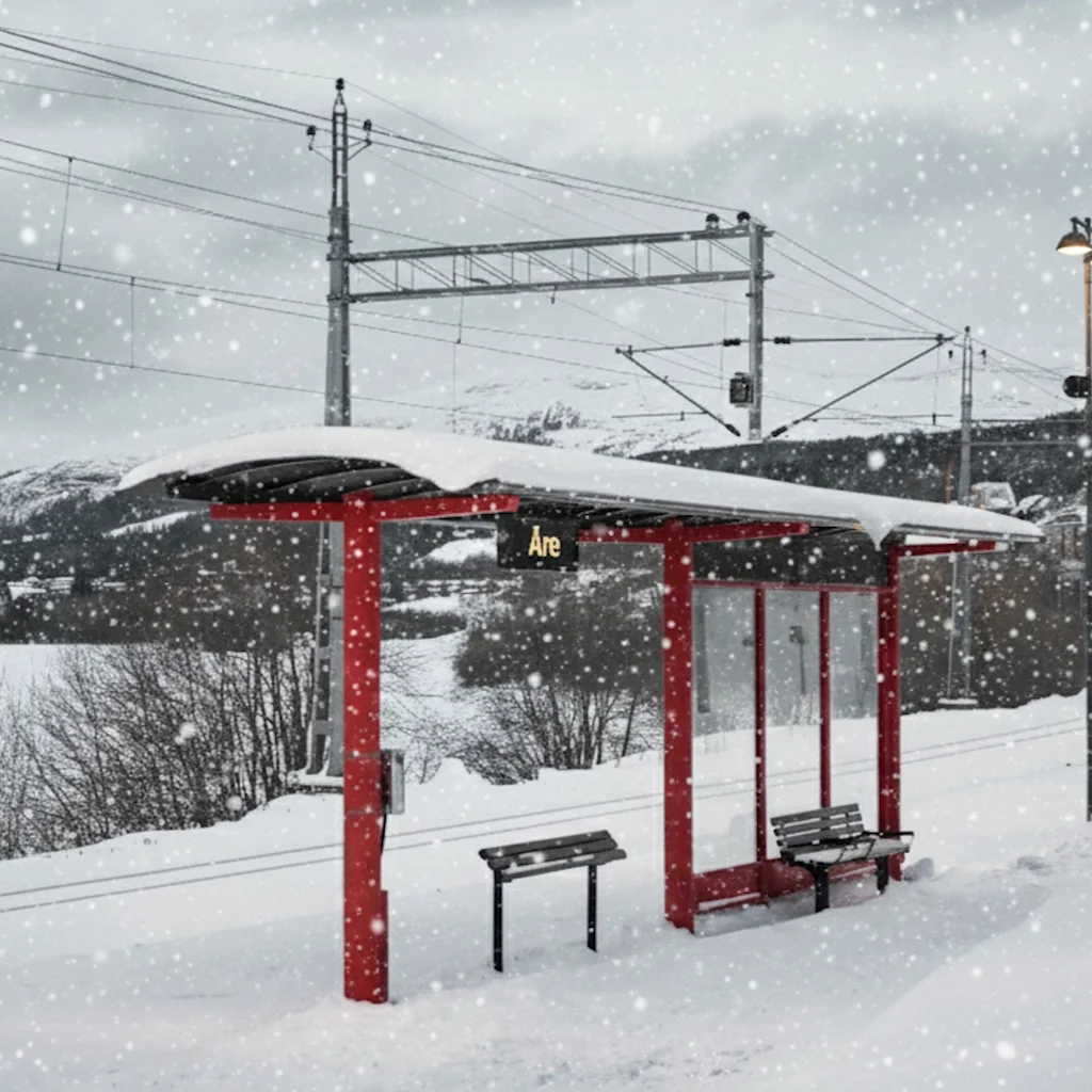 En snørik vinterscene ved en tog- eller bussholdeplass med et rødt leskur. Snøen faller, og et skilt viser Are.