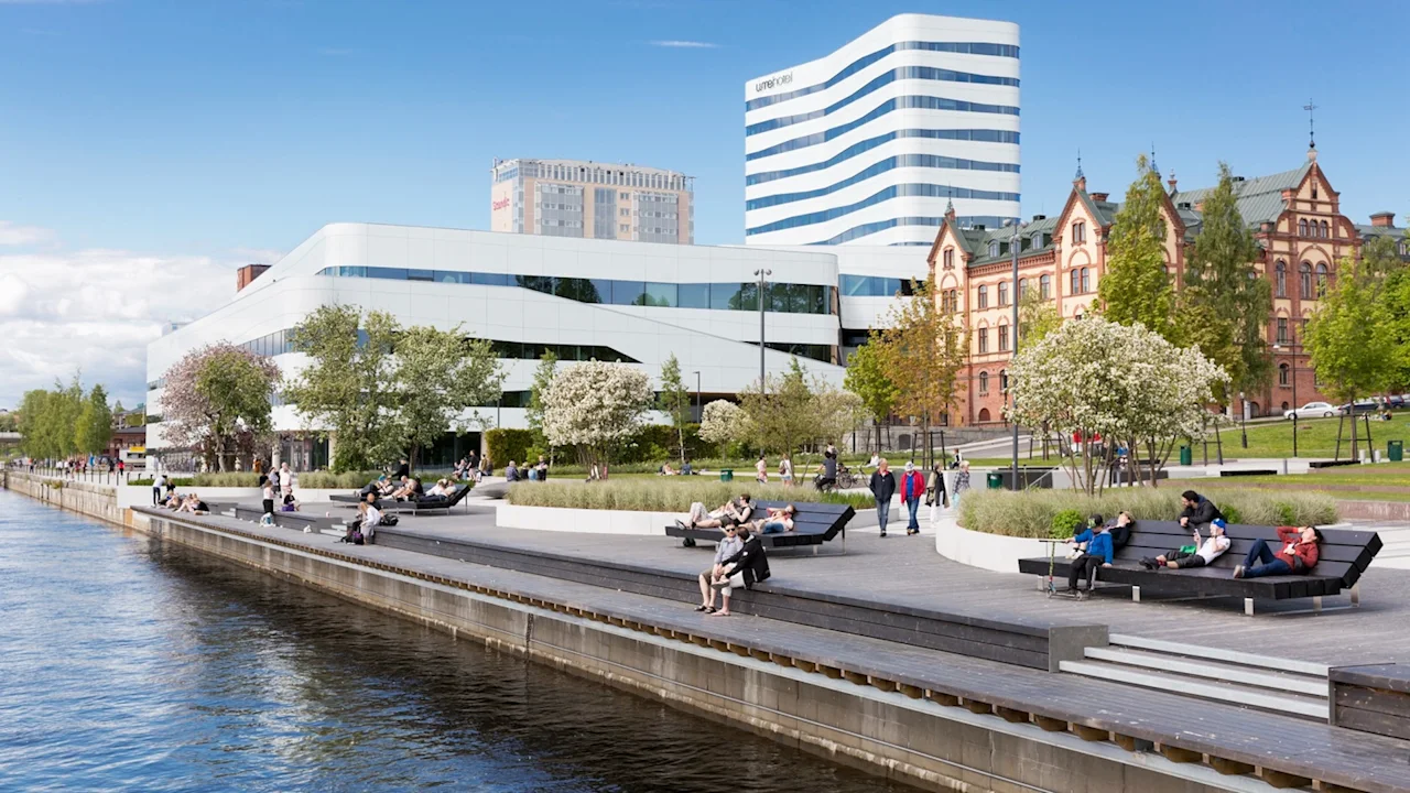 People relaxing by the water on a sunny day, with Kulturväven in Umeå and other buildings in the background.