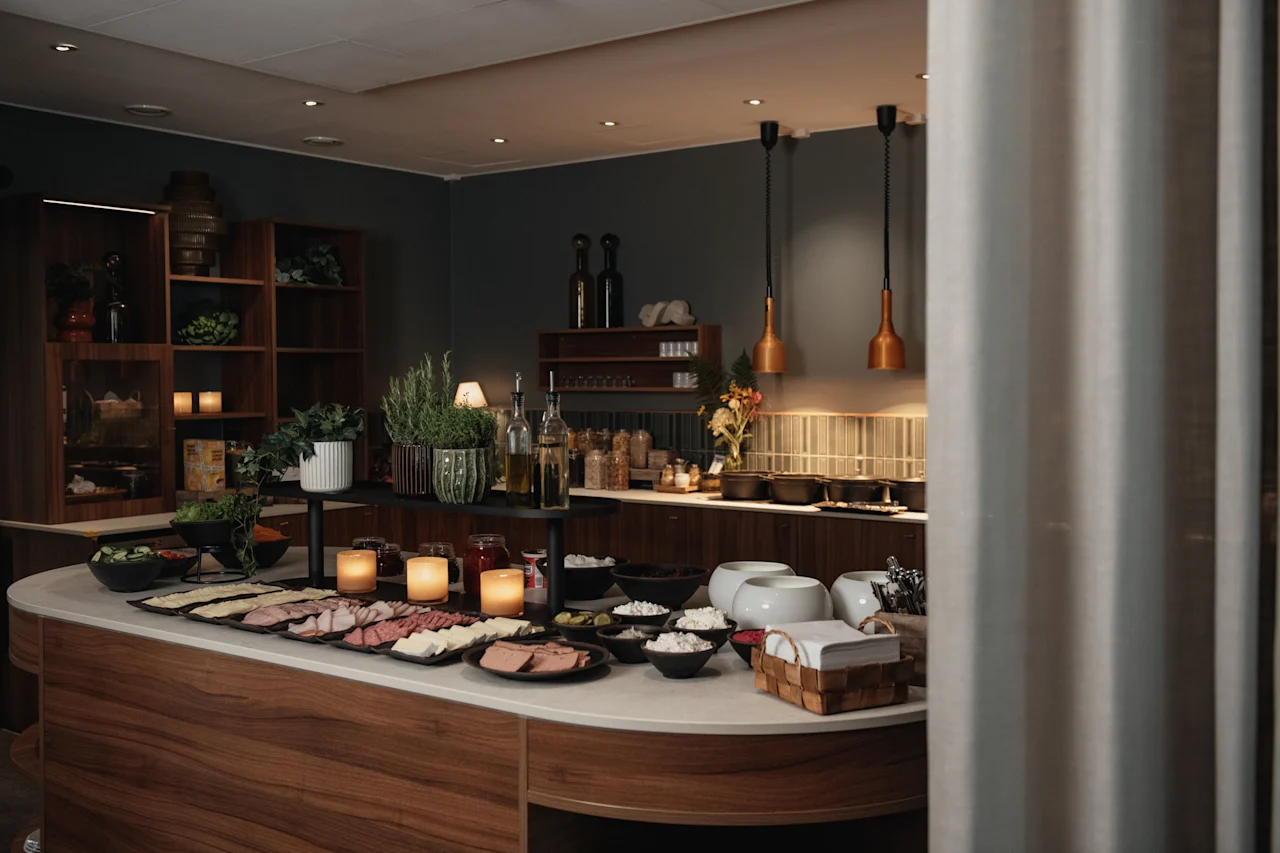 Ett välsorterat buffébord fyllt med olika frukost- eller brunchrätter, inklusive kallskuret, ostar och färska tillbehör.