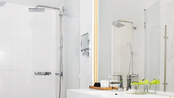 Et moderne bad viser en klassedusj med doble regndusjhoder ved siden av en stilren hvit servant med toalettartikler og grønne blader. Lyst opplyst i en minimalistisk stil.