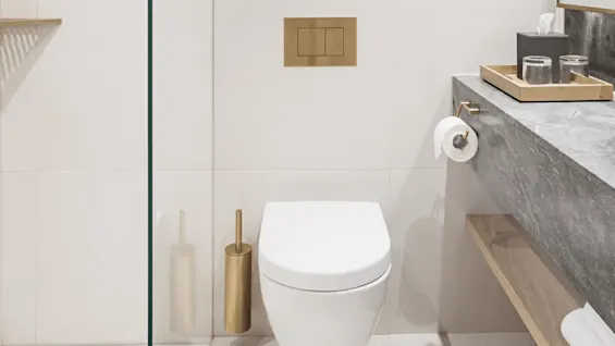 Wall-mounted toilet adorns a modern bathroom, accented by a golden flush plate and matching brush holder. Adjacent, a sleek gray counter supports toiletries, beneath which towels rest on a wooden shelf.