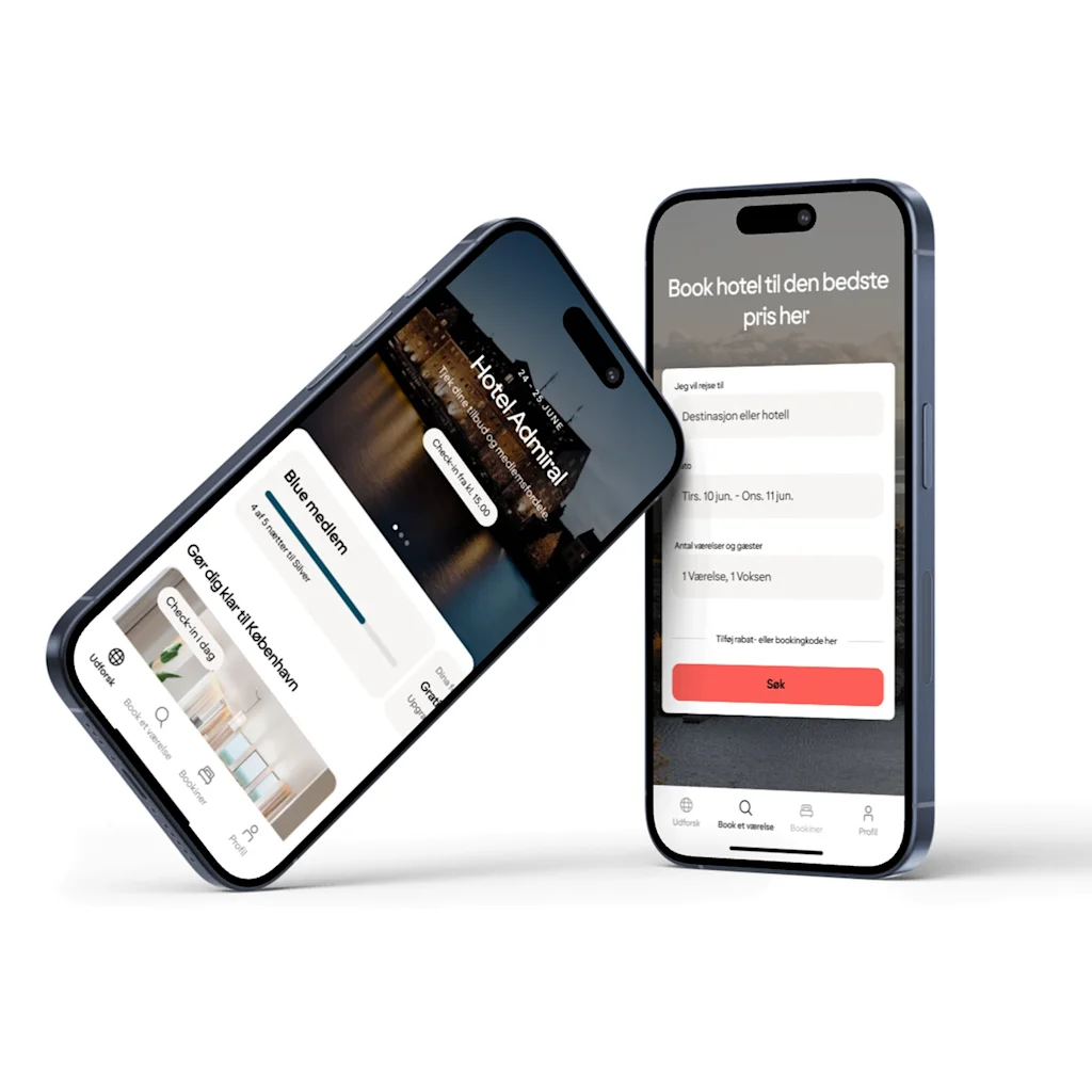 Two phones display a hotel app. One shows hotel details and membership status. The other has a booking form with 'Book hotel til den bedste pris her'.