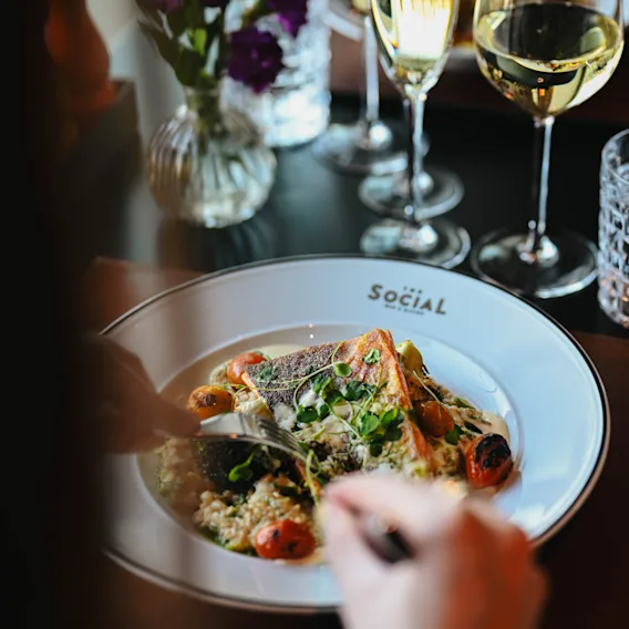A person enjoying a delicious fish dish with white wine at a restaurant table