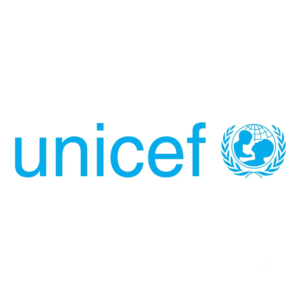 Unicef-logoet, med ordet unicef i blåt og et emblem, der symboliserer global omsorg for mødre og børn.