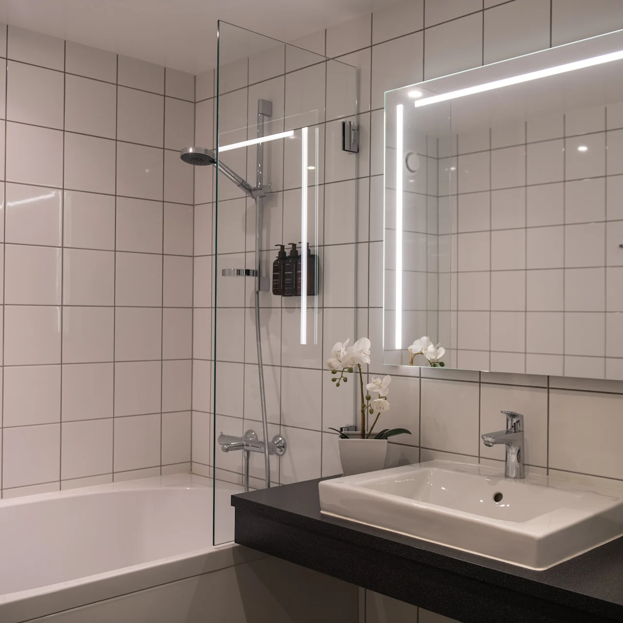A bathroom features a bathtub with a shower, a large mirror, and a white sink on a black countertop. The walls are tiled, and there's a potted plant for decoration.