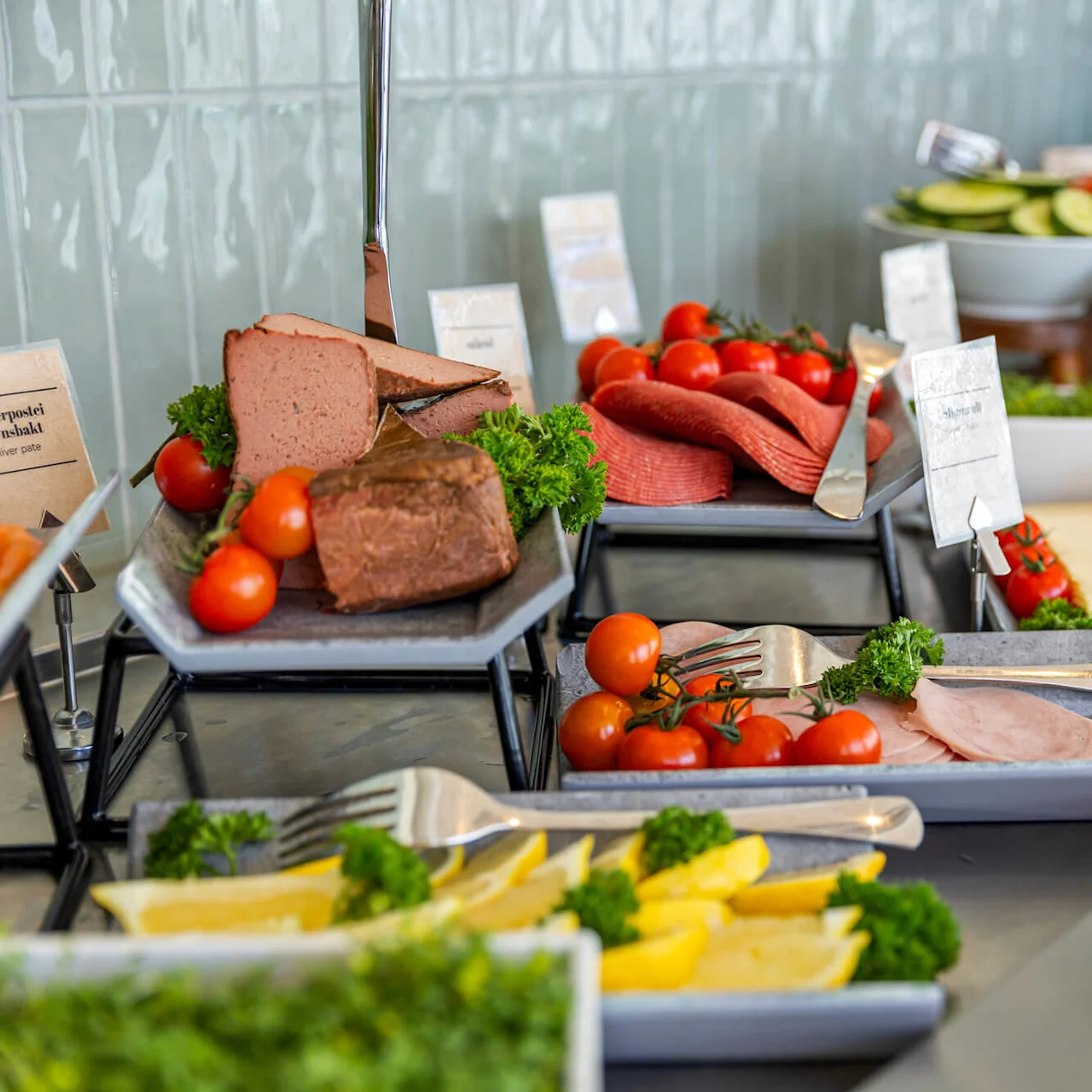 Assorted cold cuts, cheeses, and vegetables are displayed in a buffet setting with labels.