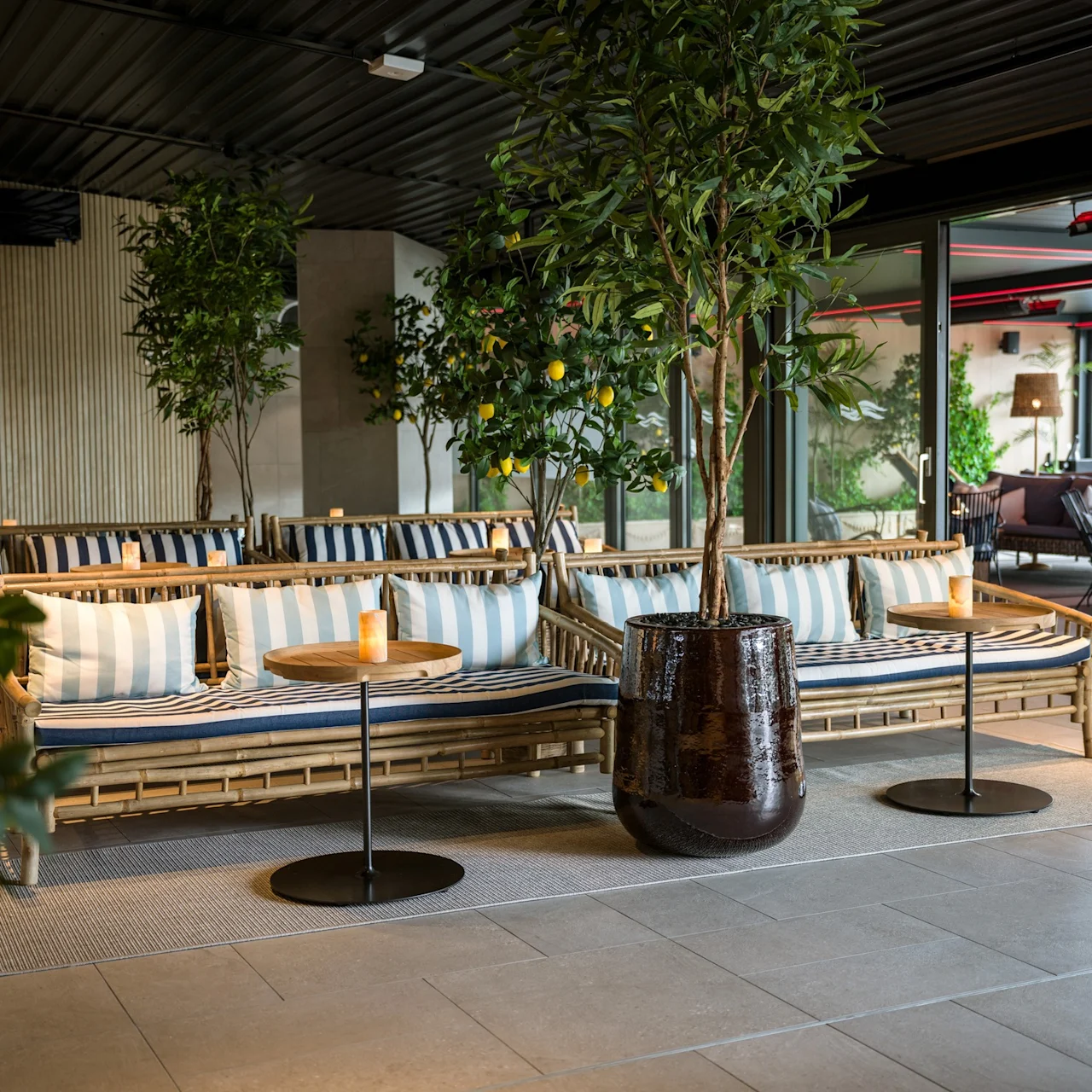 Rattan-soffor med blå-och-vit randiga kuddar står i en modern lounge, omgivna av citronträd i krukor. Små runda träbord håller ljus och skapar en mysig atmosfär.