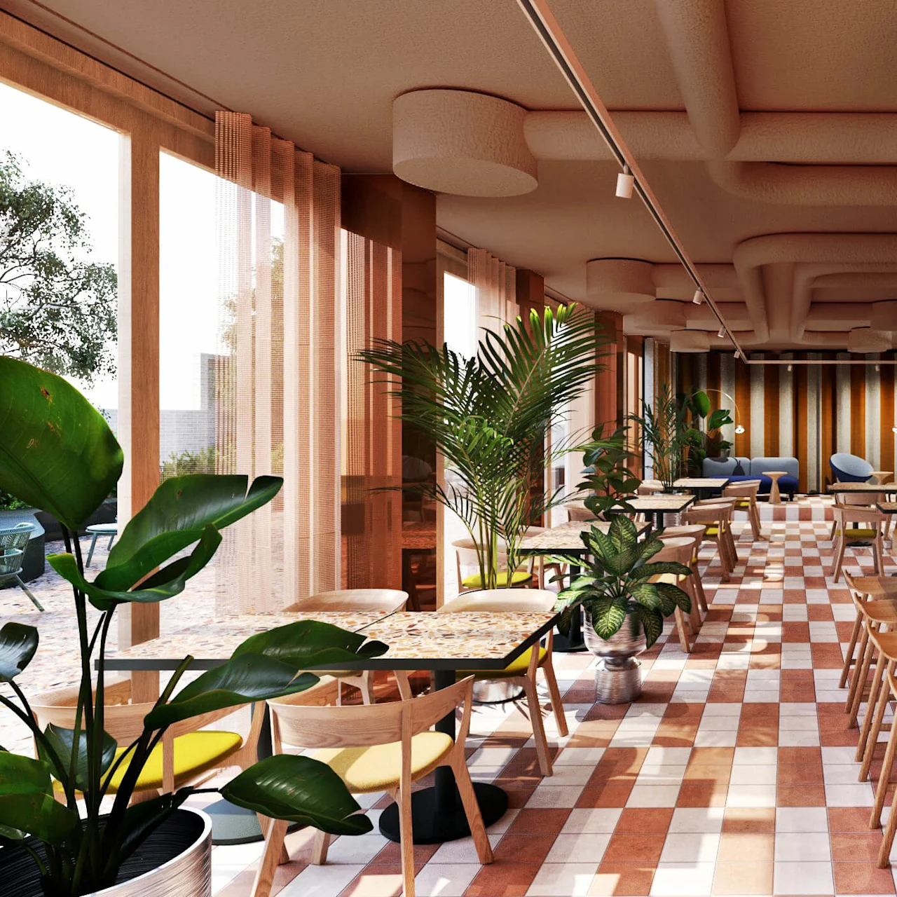 Kafé med treinteriør og grønne planter, med en lang disk og runde hengelamper; sollys strømmer gjennom store vinduer og lyser opp det flislagte gulvet i et koselig, moderne miljø.
