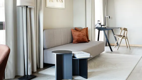 A gray sofa with rust-colored pillows sits in a modern living room. Nearby are two small black tables with books and a floor lamp. A desk with a chair and a coffee maker is in the background.