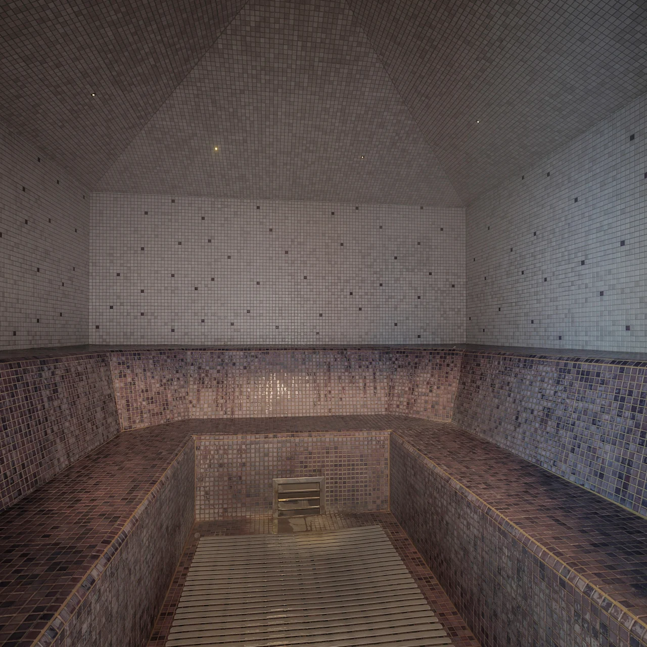 Tiled room features a large, empty pool with stairs leading down. The space is enclosed by white and grey mosaic tiles in a pattern, creating a serene, geometric environment.