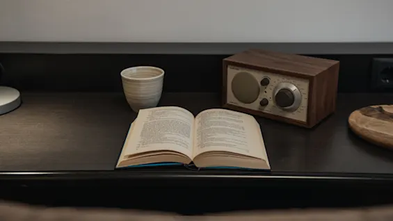 Viihtyisä työpöytä, jossa on avoin kirja, keraaminen kuppi ja vintage-radio, kutsuen rentoutumaan ja nauttimaan rauhallisesta hetkestä.