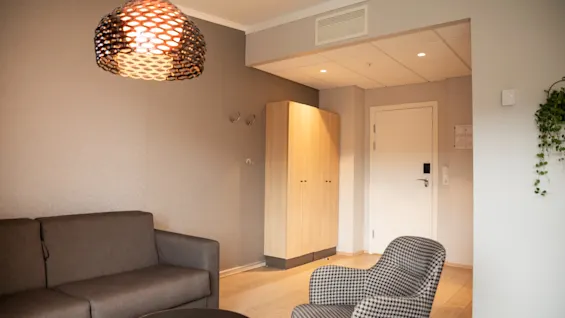 A gray sofa and patterned armchair rest in a room under a woven light fixture. A wooden wardrobe stands by a white door. Walls and floor are neutral-toned.