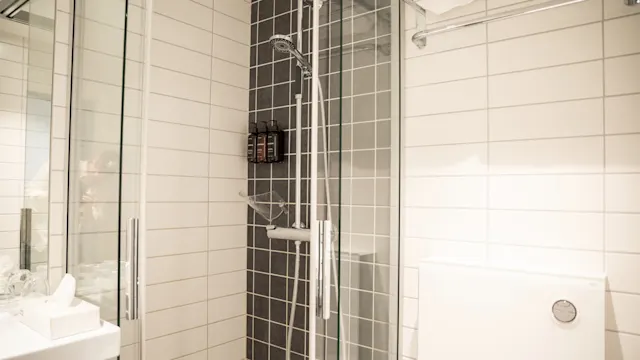 Dusj med glassdør på flislagt bad; grå og hvite fliser omgir sjampoflasker på en hylle. Hvite håndklær henger på en stang over et toalett med spyleknapp.