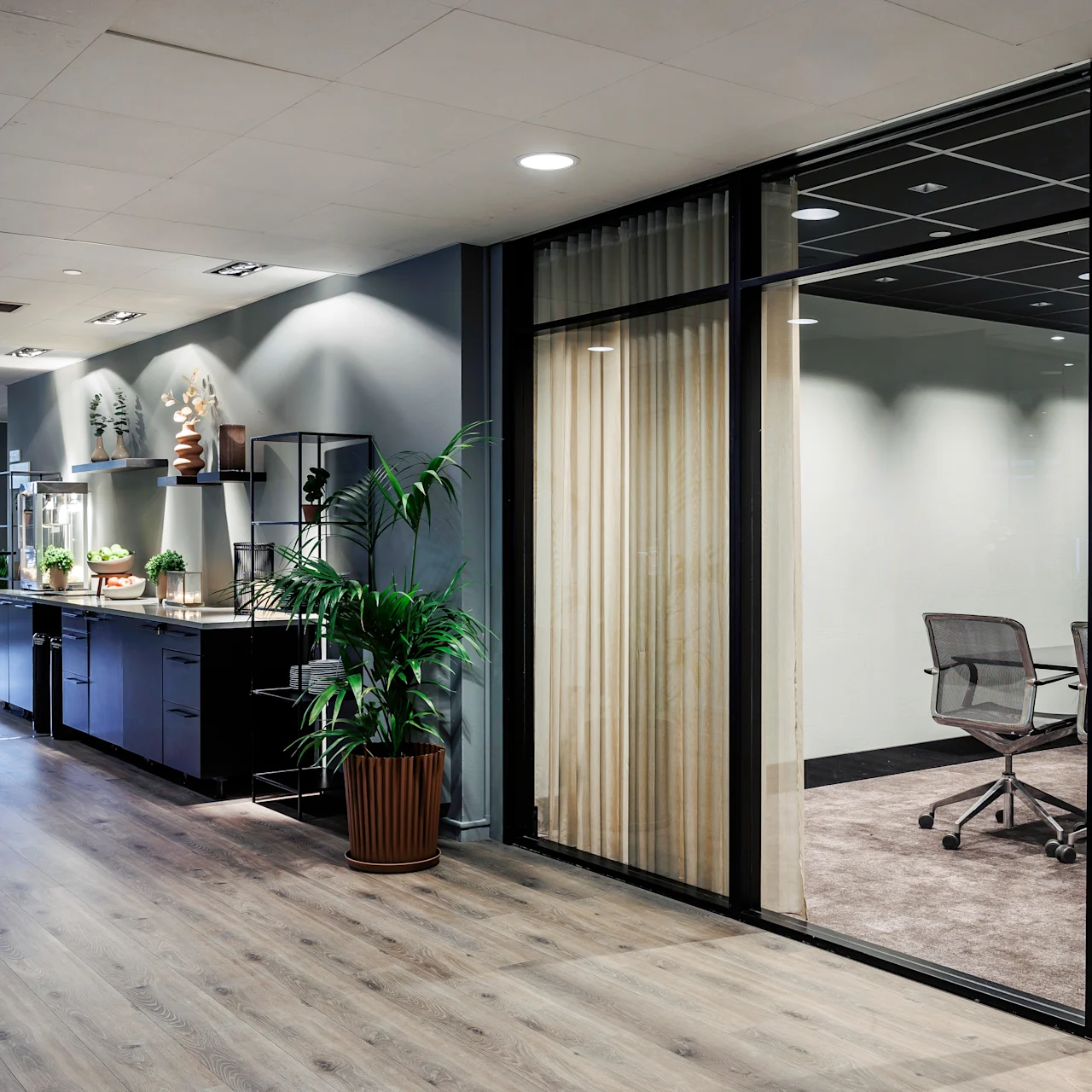A hallway features a conference room with glass walls on the right and a kitchenette with plants and shelves on the left, creating a modern office setting.