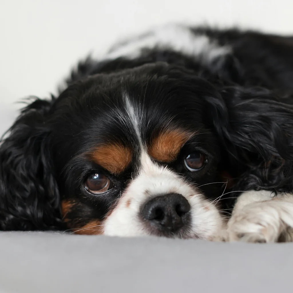 A Cavalier King Charles Spaniel lies on a soft, grey surface, resting its head while gazing forward with wide eyes, conveying a relaxed and calm demeanor. 
