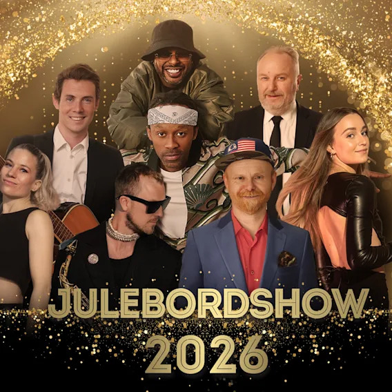 En gruppe artister smiler mot en glitrende gullbakgrunn, som annonserer JULEBORDSHOW 2026.