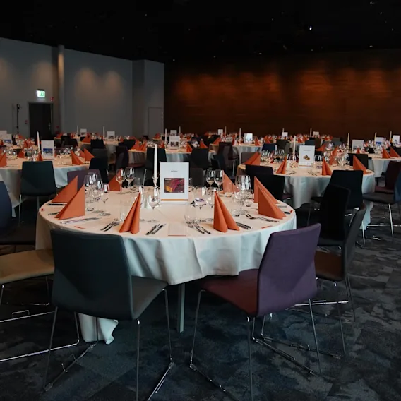 Bord dukade för ett formellt evenemang med prydligt arrangerade bestick, glas och orange servetter. Stolar omger borden i en svagt upplyst bankettsal. En skylt lyder "NOROS".