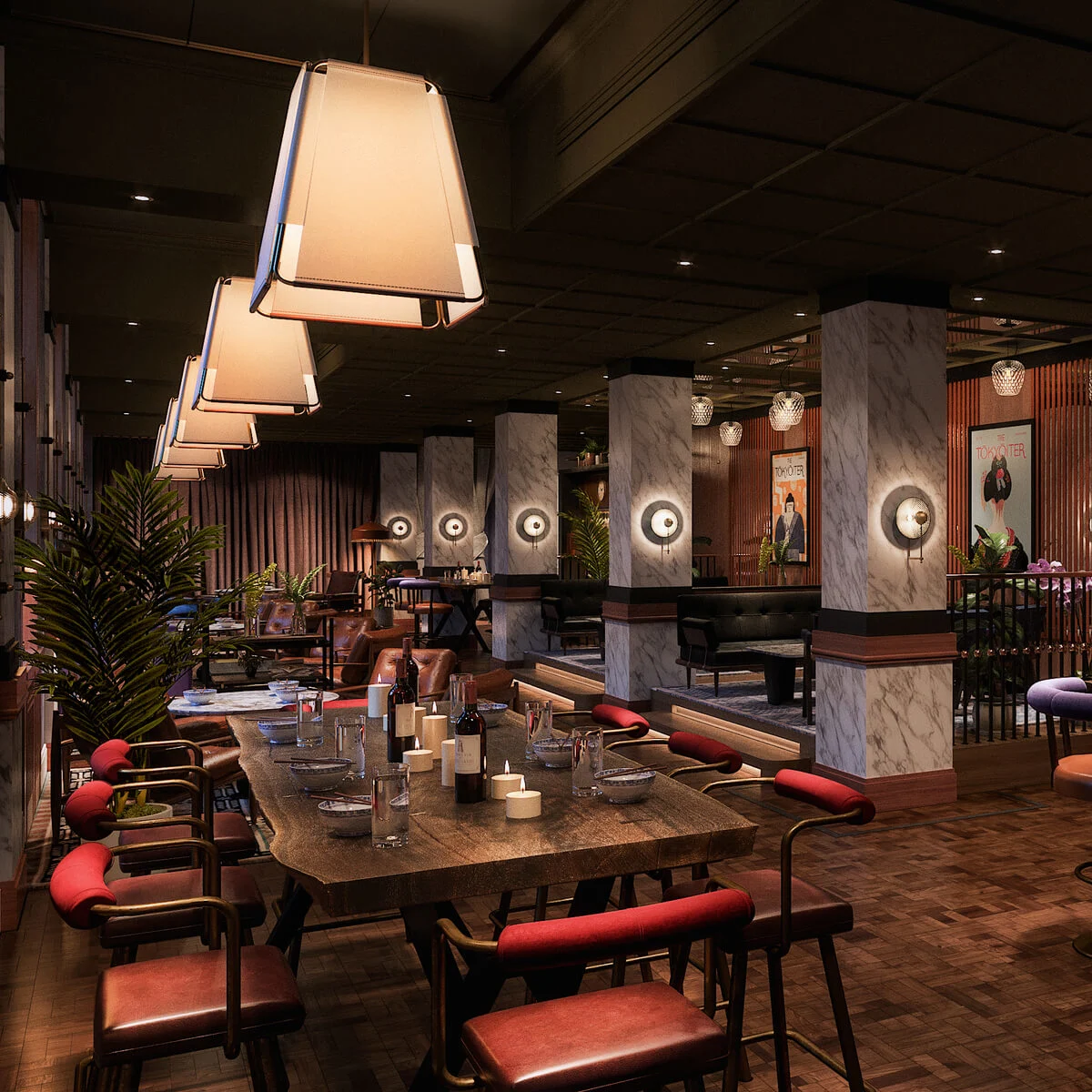A cozy bar has wooden tables and red chairs, with wine bottles and candles placed on tables. Soft lighting and plant decorations create an inviting atmosphere.