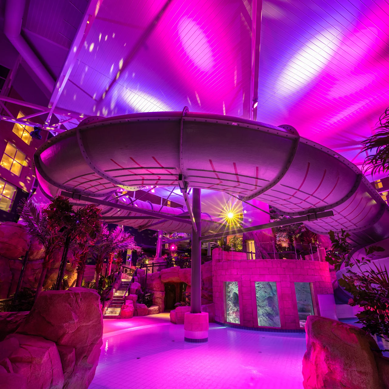 A large waterslide curves overhead, illuminated with vibrant pink and purple lights, inside a tropical-themed indoor water park surrounded by rocks and tropical plants.