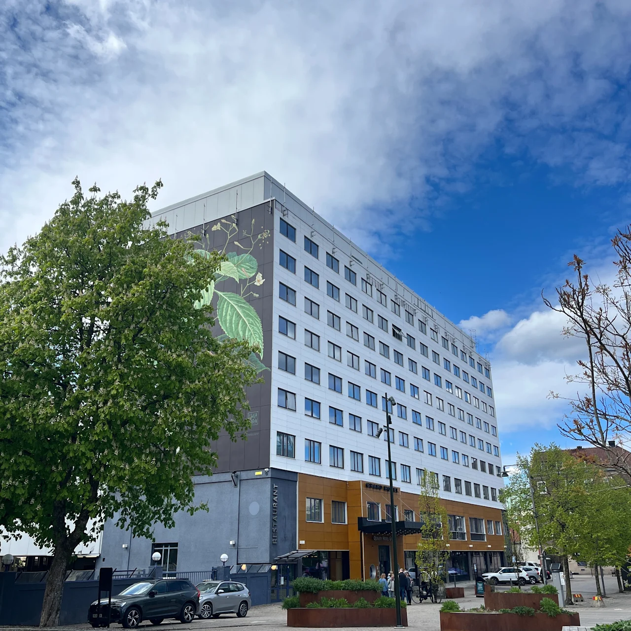 A multi-story building displays a large leaf mural, surrounded by green trees in an urban square. Several cars are parked nearby. Cloud-filled sky overhead.