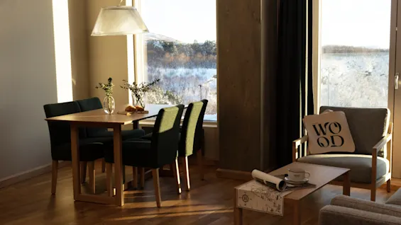 Et hyggeligt spiseområde med træbord og grønne stole, solbeskinnet, med udsigt over et sneklædt landskab.