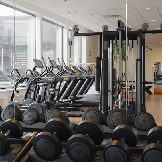 Ett ljust, modernt gym med en mängd träningsutrustning inklusive löpband, styrketräningsmaskiner och ett ställ med hantlar.