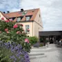 Lyserøde og lilla blomster blomstrer i en have, omgivet af en smal sti. Omgivelserne har en gul bygning med rødt tegltag under en delvist overskyet himmel.