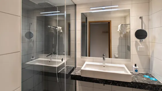 Ett modernt badrum har ett rektangulärt handfat på en marmorbänk, under en stor spegel. Glasdusch, handdukar på rack, stark belysning och kaklade väggar kompletterar miljön.