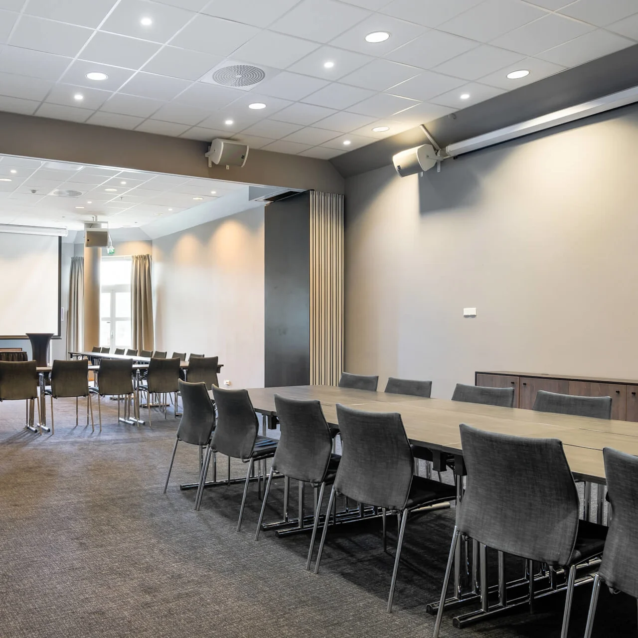 A conference room with a large table and chairs, projector screen at the front, and natural light entering through windows.