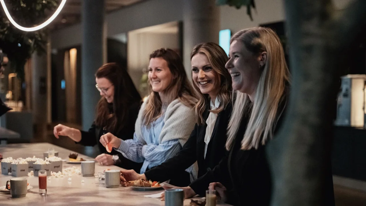 Fire kvinder smiler og socialiserer ved et bord med drikkevarer og snacks i et dæmpet belyst rum.