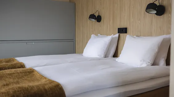 Twin beds are neatly made with white linens and brown blankets, positioned against a light wooden wall with mounted black lamps and adjacent to a gray cabinet.