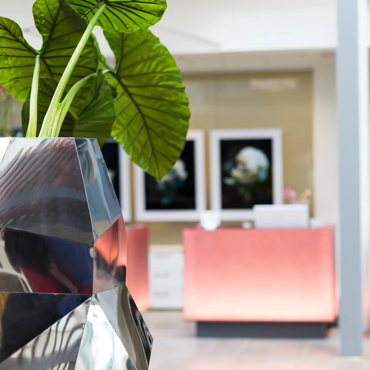En sølvfarget geometrisk vase med store grønne blader står i et innendørs område nær to rosa resepsjonsdisker og innrammet kunst på veggene.