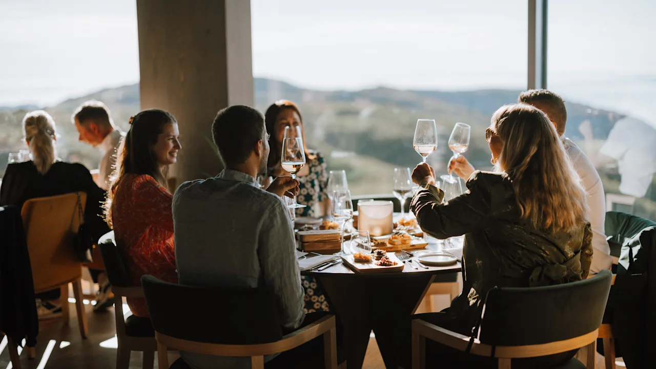 People seated around a dining table raise wine glasses in a toast; large windows reveal a scenic view of hills under a clear sky.