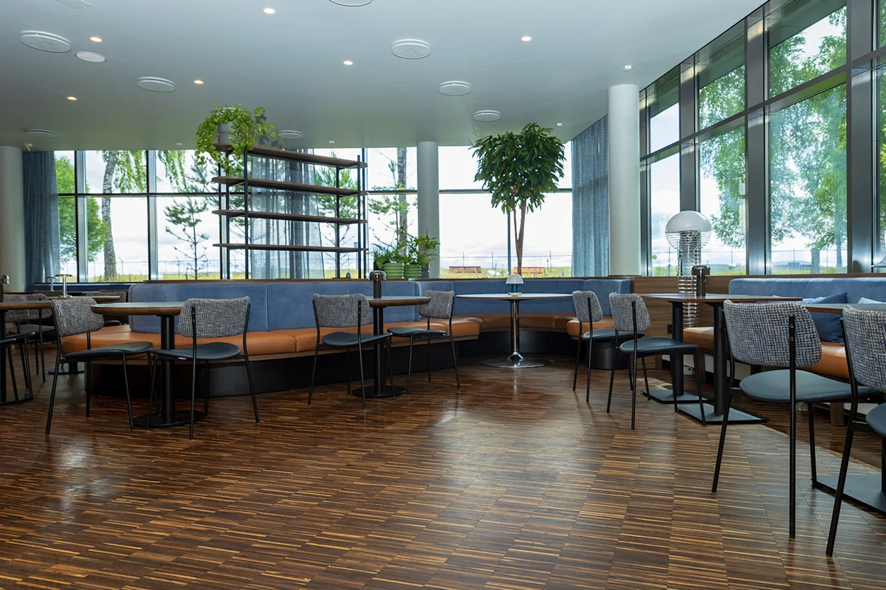 Modernt café visar tomma sittplatser med runda bord, stoppade stolar och naturligt ljus genom stora fönster. Inomhusväxter och trägolv skapar en fräsch, inbjudande atmosfär.