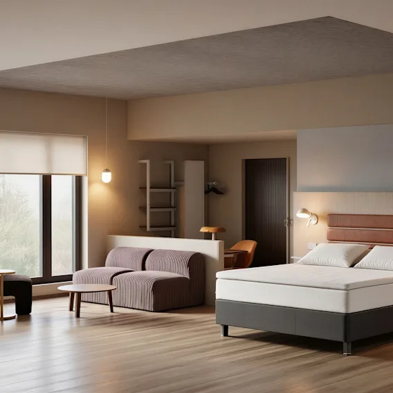 Et moderne hotellrom med en komfortabel seng, et koselig sitteområde og et stort vindu med utsikt over naturen.