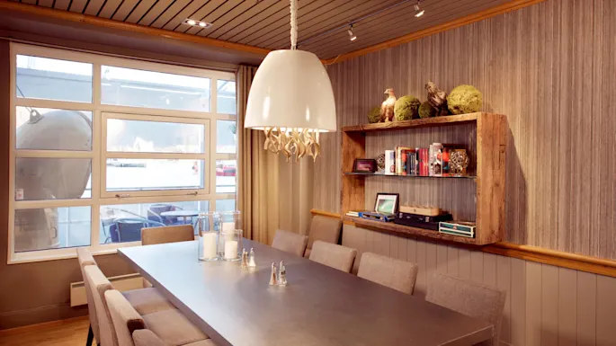 A dining room with a long table and chairs, a pendant lamp above, and a bookshelf against a striped wall, by a window showing outdoor light.